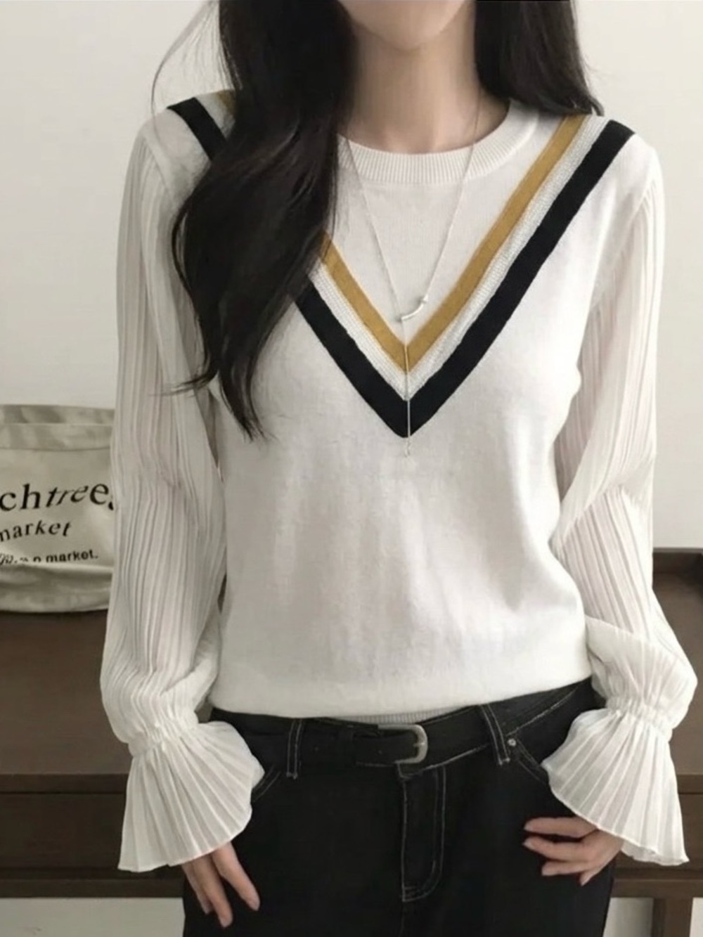Soft Style White V-Neck Sweater with Gold and Black Stripes